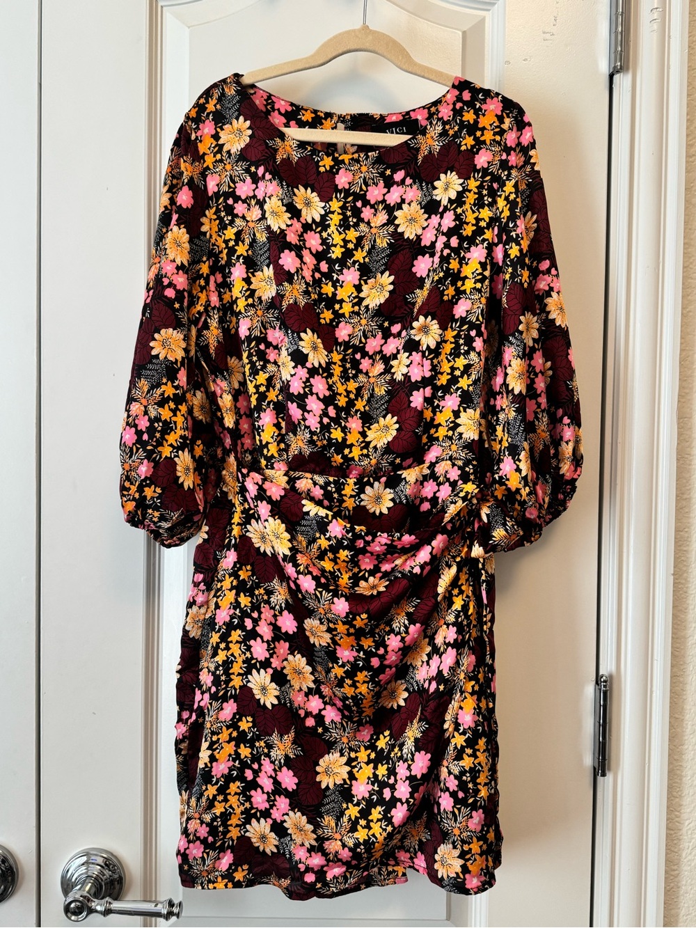 Vici Burgundy Floral Mini Dress with Pink & Yellow Blossoms